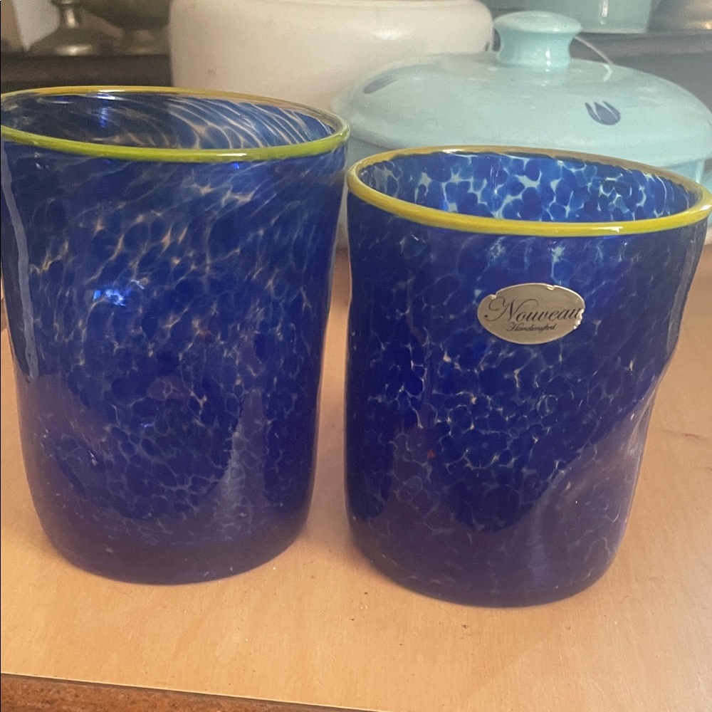 Nouveau Blue Glass Vases with Yellow Accent